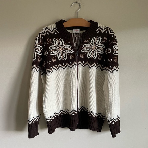 Vintage St Michael Zip Up Knit Cardigan Sweater UK Snowflake Brown Cream Mens - Picture 1 of 10